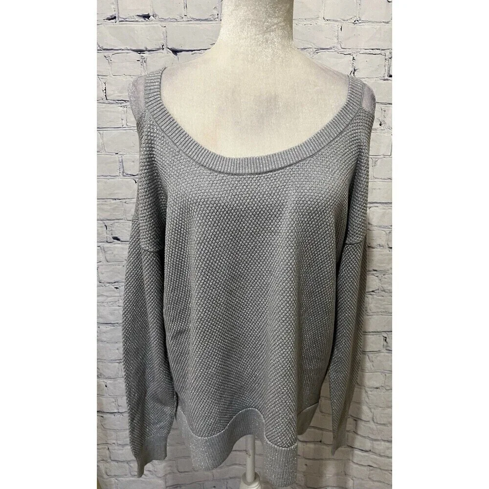 EUC $88 Michael Kors Pearl Heather Cold Shoulder LS Sweater Silver/Gray Size L
